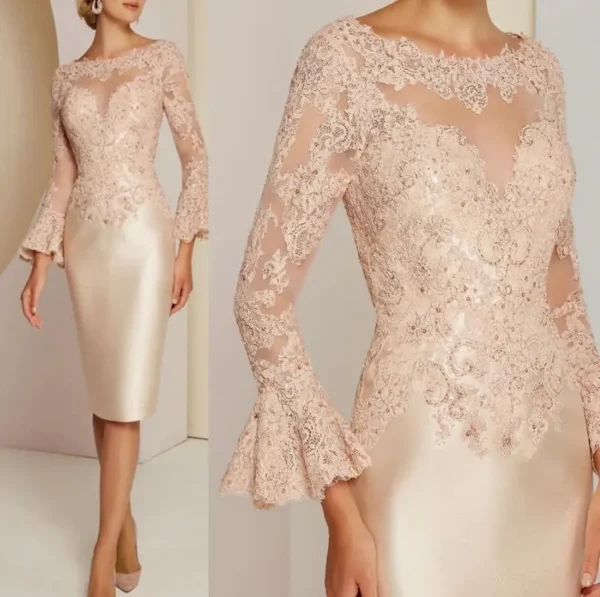 Gorgeous Short Champagne Lace Long Sleeve Knee Length