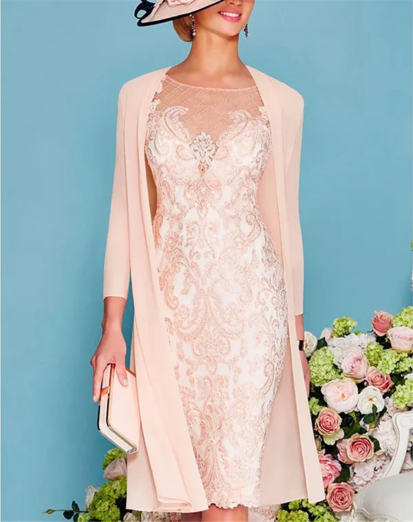 Pink Chiffon With Jacket Knee-Length 3/4 Sleeve Lace Wedding Gowns - Image 2