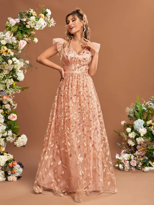 Ruffled sleeves lace mesh gorgeous evening ball dress