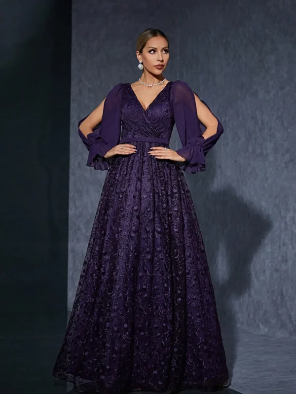 V-neck wrap chest long sleeve slit embroidered lace
