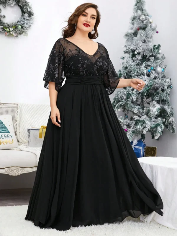 Plus size V-neck sequin embroidered large sleeve