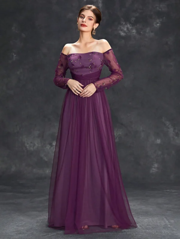 Line neck long sleeve lace floral waist fold A long evening dress