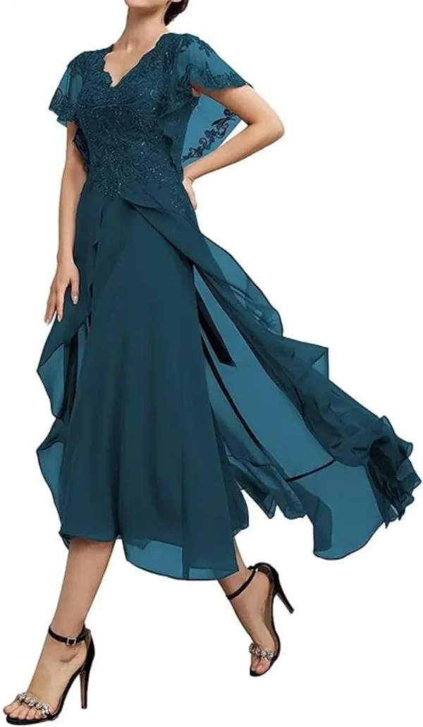 Ruffle Sleeves Lace Applique Pleated Chiffon Dress - Image 3