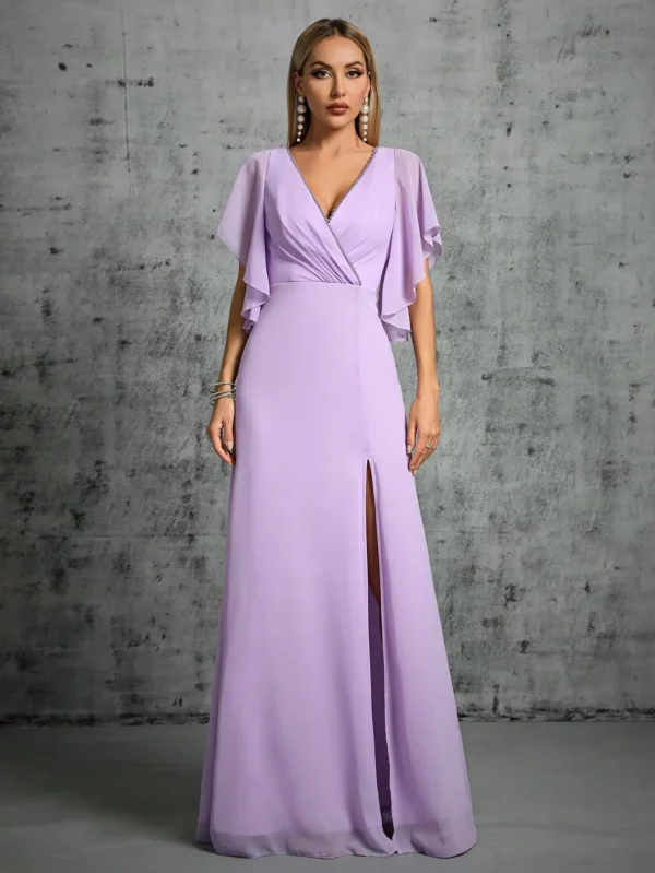 Beaded collar hem flared slit sleeve chest pleated chiffon slit skirt