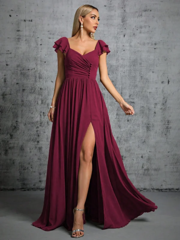 Horseshoe collar ruffled sleeves clasp open evening ball dress