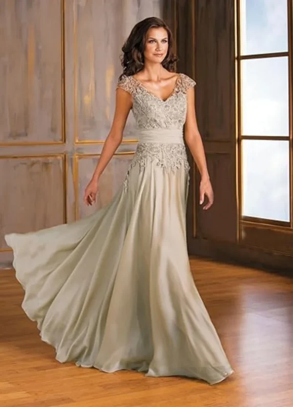 Belt style V-neck bride's mother dress