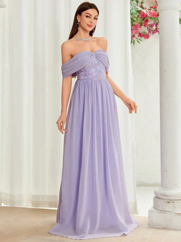 One-line shoulder fold sequins chiffon full length