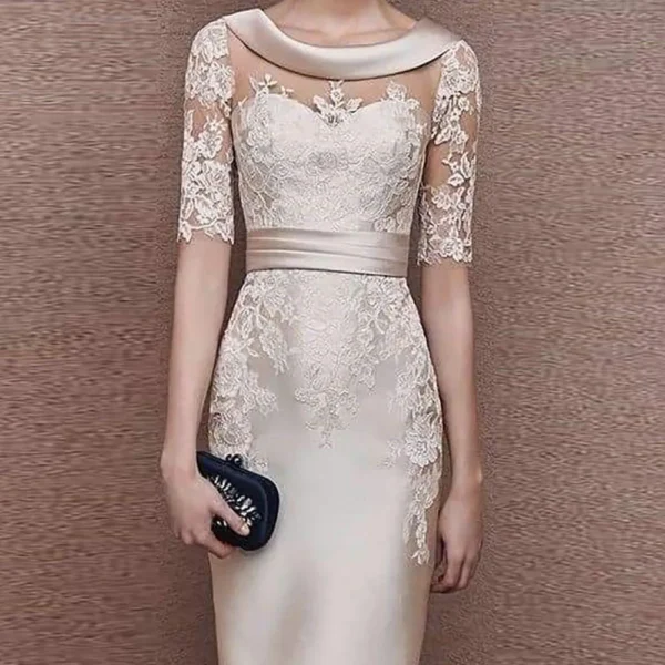 Satin Illusion Sheath Wedding Guest Gowns Lace Dress