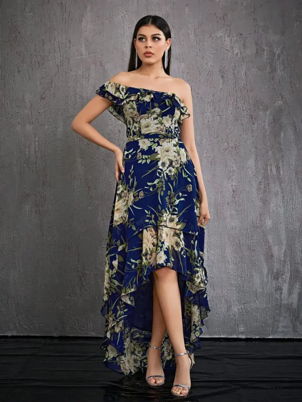 Strapless ruffled print chiffon dress