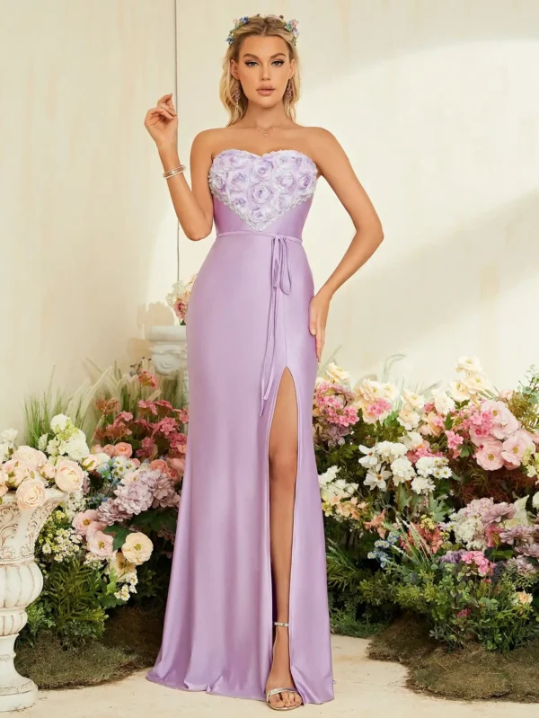 Strapless embroidery splice knitted fishtail slit dress