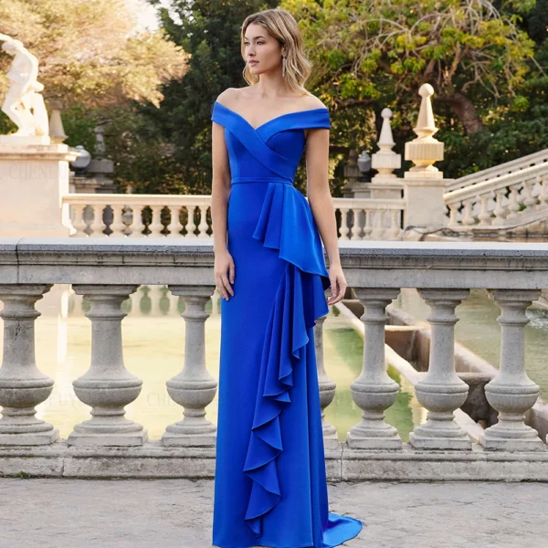 Blue V-Neck Off-shoulder Mermaid Gowns