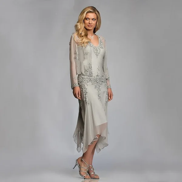 Silver Chiffon with Jackets Tea Length Lace