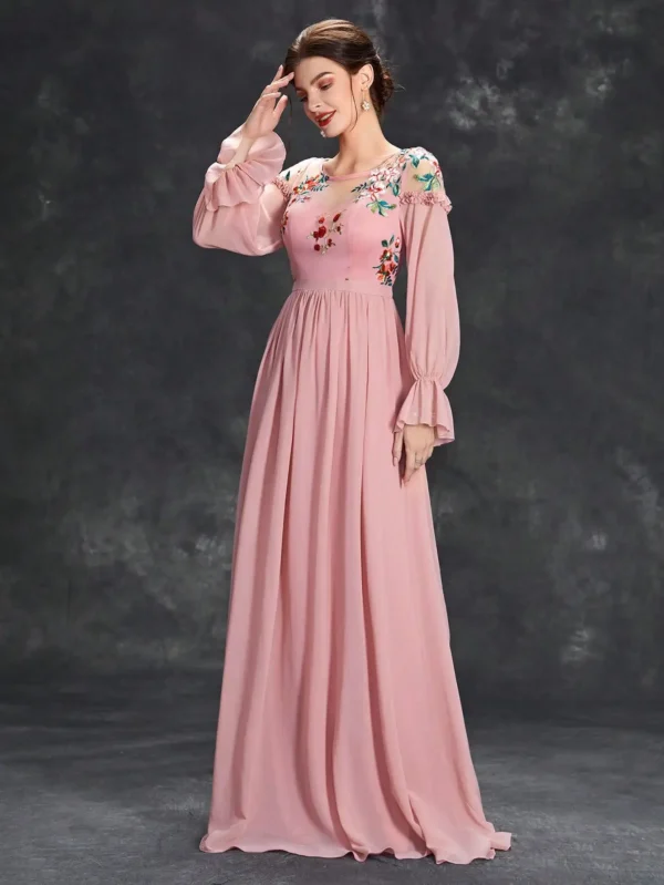 Round neck Color embroidered chiffon long sleeve