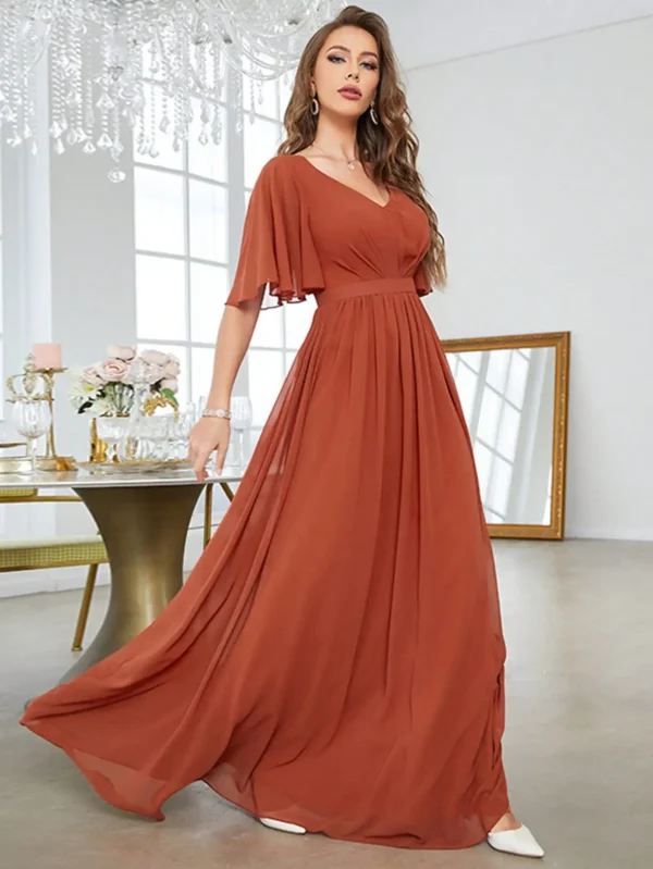 V-neck flared short sleeved hem chiffon dress