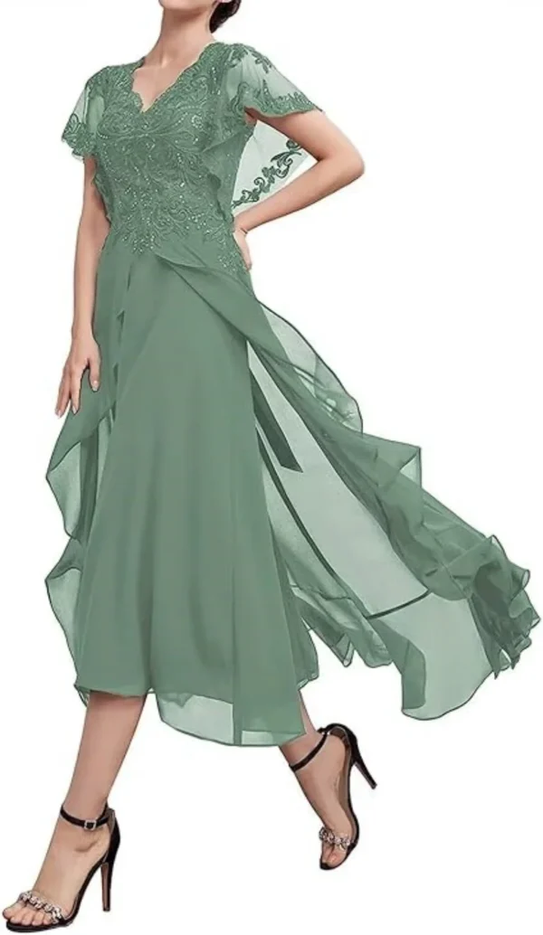 Ruffle Sleeves Lace Applique Pleated Chiffon Dress