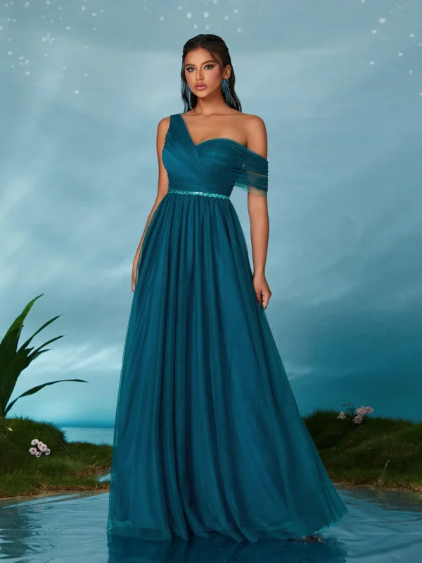 One shoulder flanged sequin belt netting bridesmaid dress