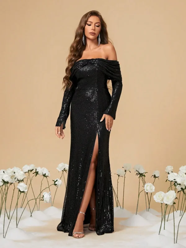 Line Neck Irregular Folded Long Sleeve Slit Sequin Dress