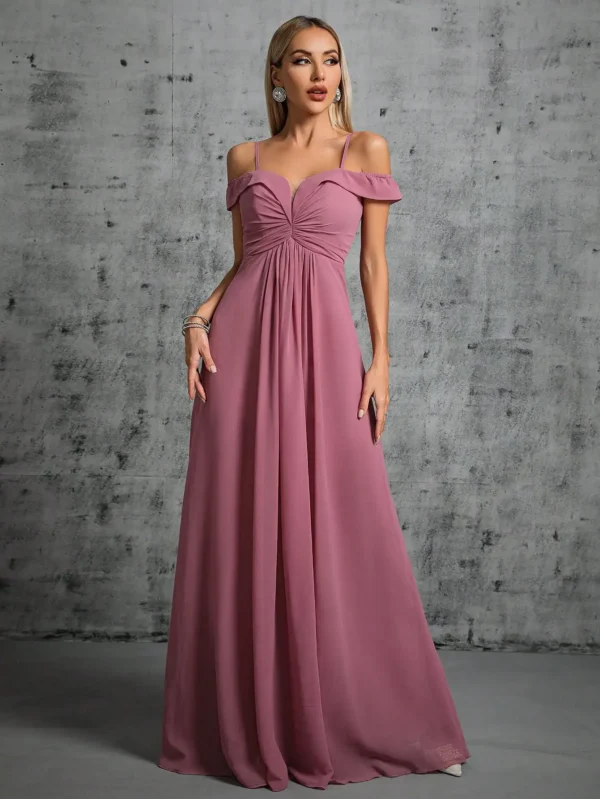 One-shoulder V-neck pleated chiffon long dress