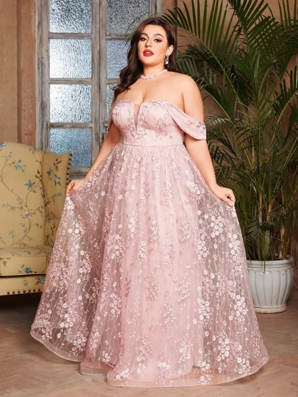 plus size Line neck V-neck embroidered lace full skirt