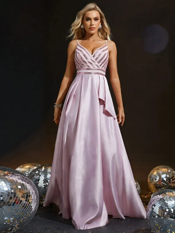 Halter V-Neck Striped Sequin T-Skirt Evening Gown