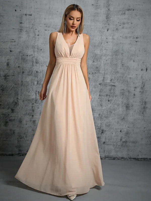 Pleated Design Back Tie with Bow Chiffon Long Dress