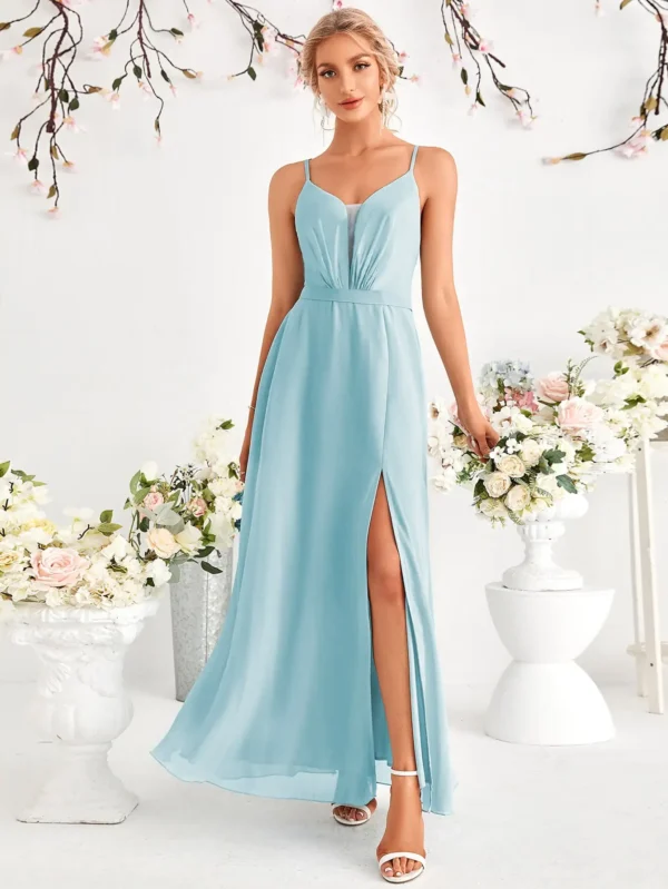 V-neck chiffon extra long romantic dress