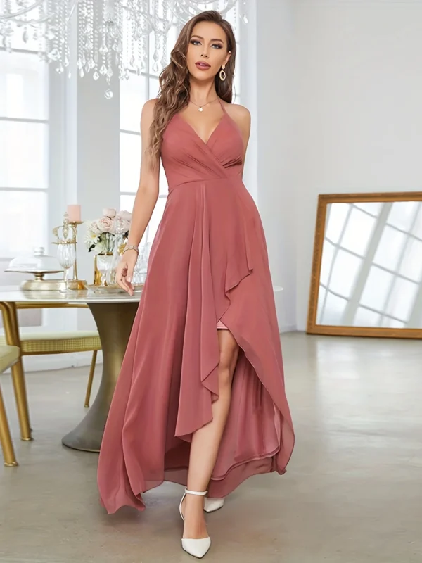 Ruffle Hem V-neck Halter Bridesmaid Dress,