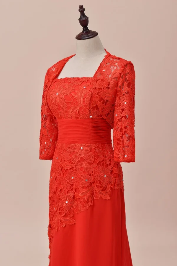 A Line Lace Chiffon Red 2 Pcs Mother Of the Bride Dress With Jacket - Image 5