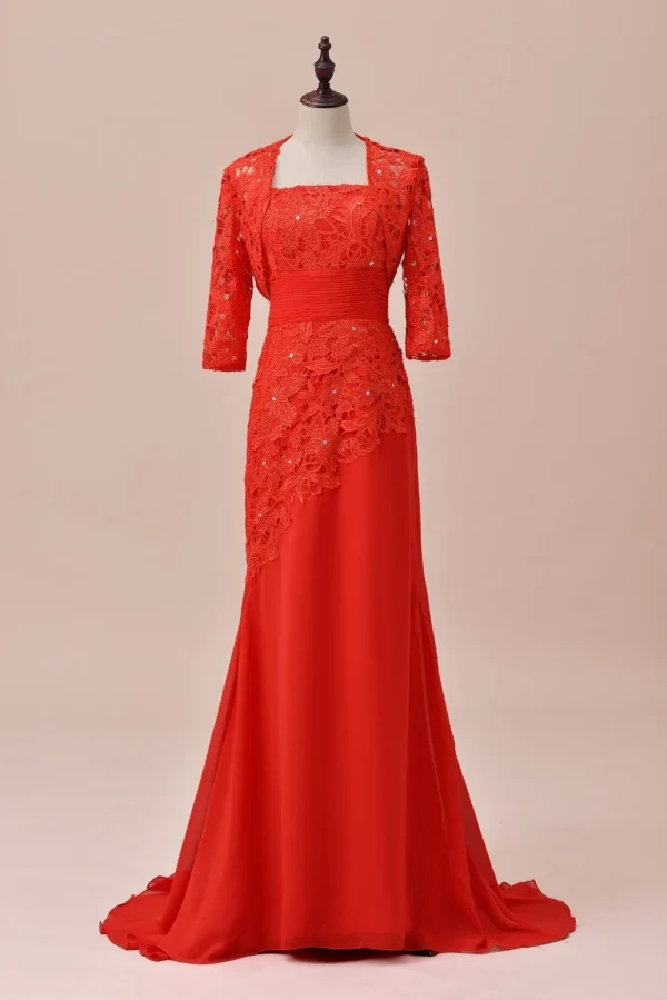 A Line Lace Chiffon Red 2 Pcs Mother Of the Bride Dress With Jacket