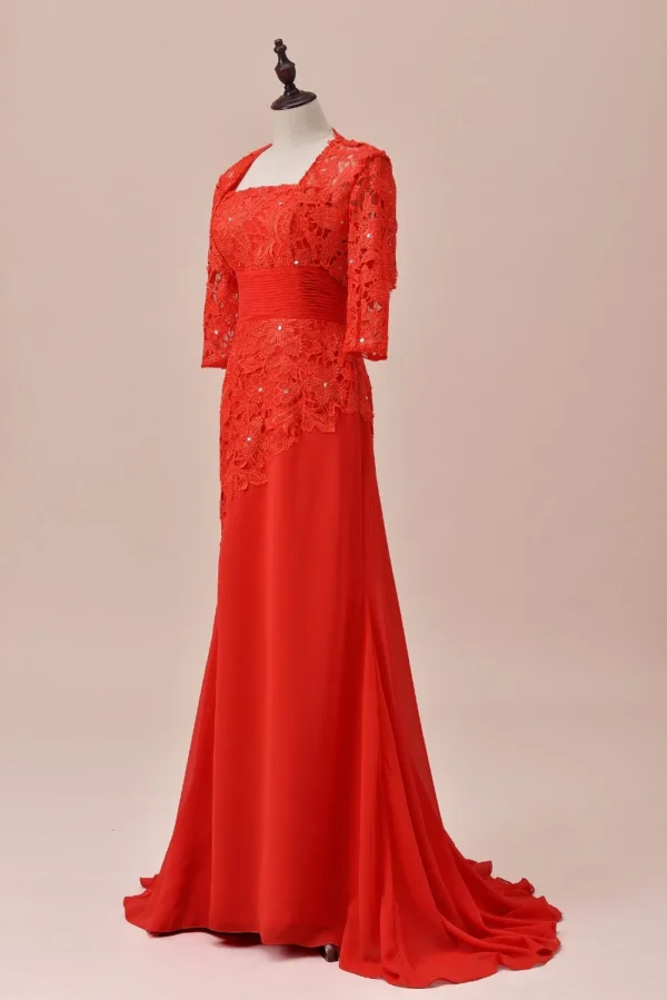 A Line Lace Chiffon Red 2 Pcs Mother Of the Bride Dress With Jacket - Image 2