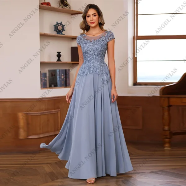 Long Dusty Blue Mother of The Bride Dresses with Cap Sleeves