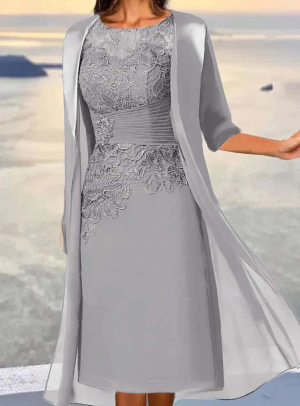 Mother of the Bride Gown Mid-Length Gray Blue Long Sleeve Floral Embroider - Image 2