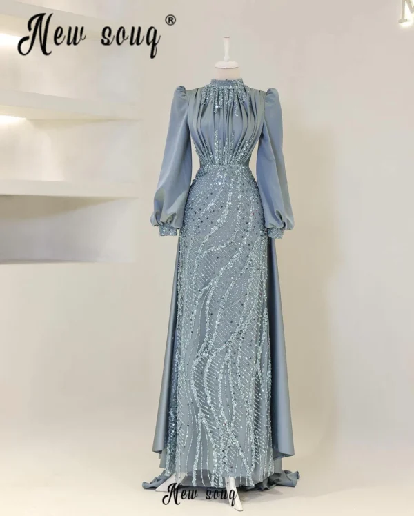 Blue Lantern Sleeve Prom Dress Beaded Sheath Dresses Wedding Party Gowns - Image 2