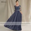 Dusty Blue Chiffon Long Evening Dresses Mother of the Bridal/Groom Gowns Half Lace Sleeve