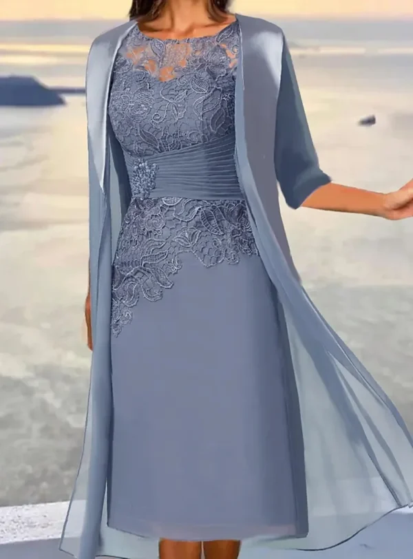 Mother Of the Bride Dresses Midi Dusty Blue Length Sleeve Floral Embroidered