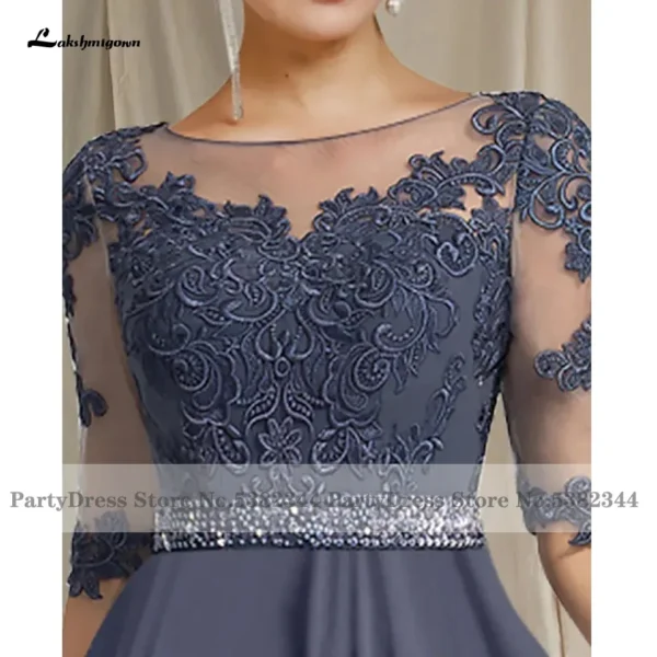 Dusty Blue Chiffon Long Evening Dresses Mother of the Bridal/Groom Gowns Half Lace Sleeve - Image 3