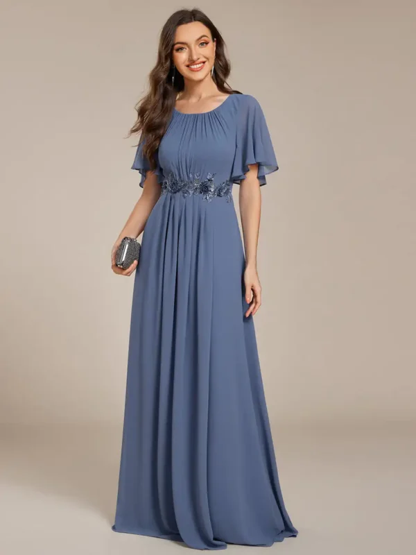 Short Sleeves Floor-Length Ever Pretty of A-Line Dusty Blue